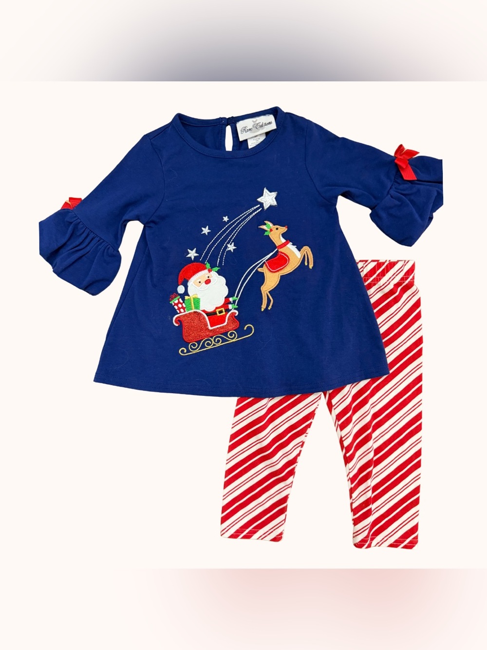 Rose & Olive Navy Top with Santa & Red Stripe Leggings Pajama Set